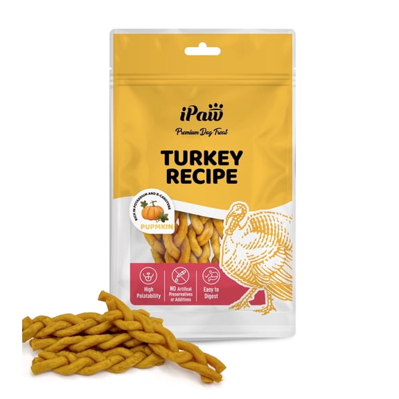 iPaw Turkey Dog Treats, All Natural Human Grade Dog Treat, Suitable for Training chew, US Sourced Raw Material, Hypoallergenic, Rawhide Alternative, Braided Stick (Pumpkin)