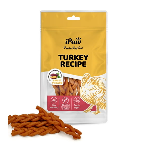 iPaw Turkey Dog Treats, All Natural Human Grade Dog Treat, Suitable for Training chew, US Sourced Raw Material, Hypoallergenic, Rawhide Alternative,Braided Stick (Sweet Potato)