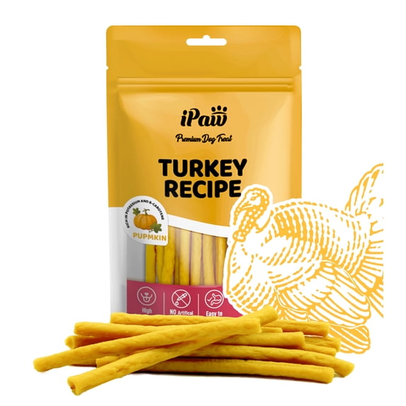 iPaw Turkey Dog Treats, All Natural Human Grade Dog Treat, Suitable for Training chew, Hypoallergenic, Rawhide Alternative, Thin Stick (Pumpkin)