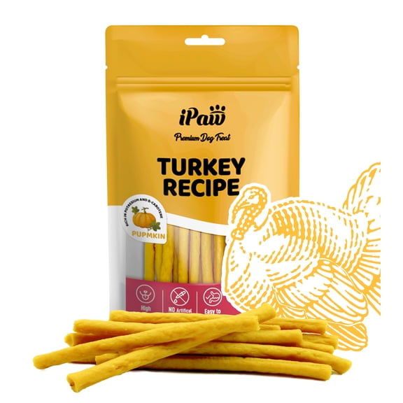 iPaw Turkey Dog Treats, All Natural Human Grade Dog Treat, Suitable for Training chew, Hypoallergenic, Rawhide Alternative, Thin Stick (Pumpkin)