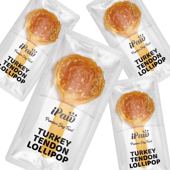iPaw Turkey Tendon for Dogs, Hypoallergenic, All Natural Human Grade Puppy Chew, Dog Treats for Signature Series, Rawhide Alternative, 4 Units/Pack Lollipop (Small)