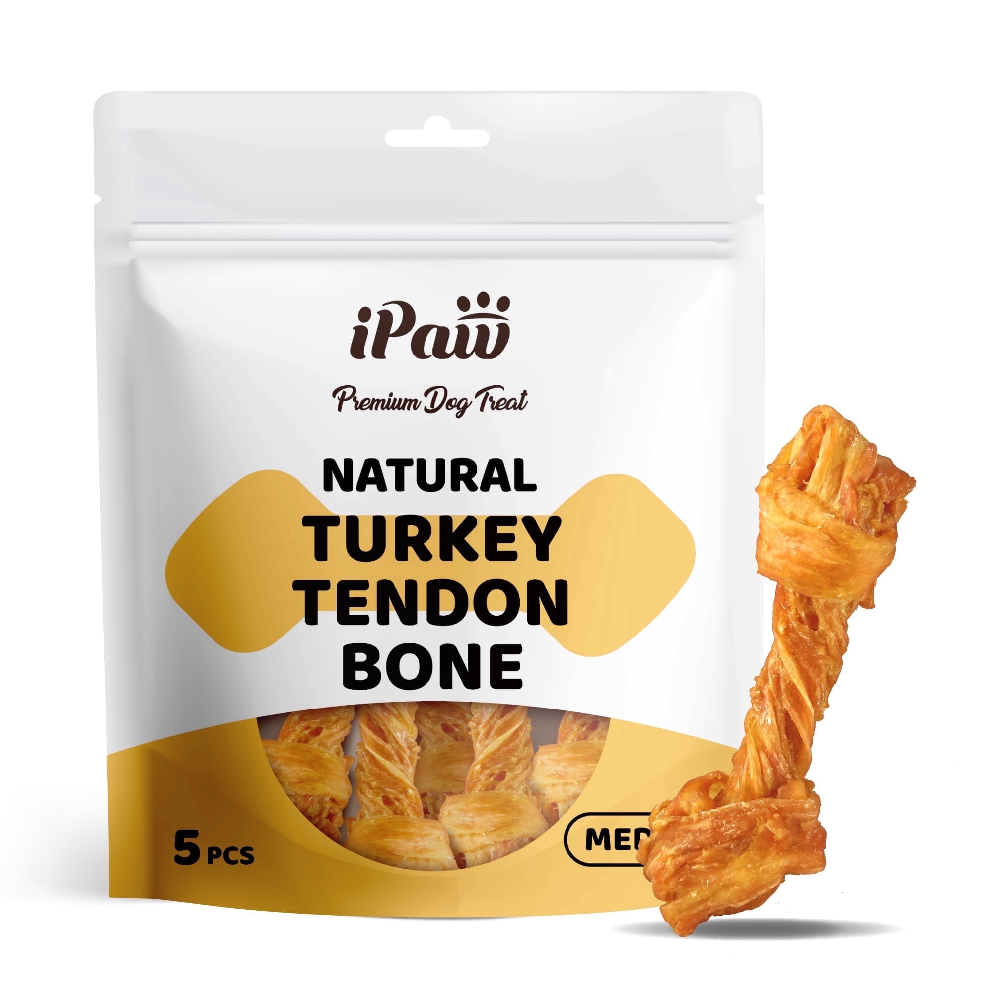 iPaw Turkey Tendon for Dogs, Hypoallergenic, All Natural Human Grade Puppy Chew, Dog Treats for Signature Series, Rawhide Alternative, 5 Units/Bag bone (Medium)