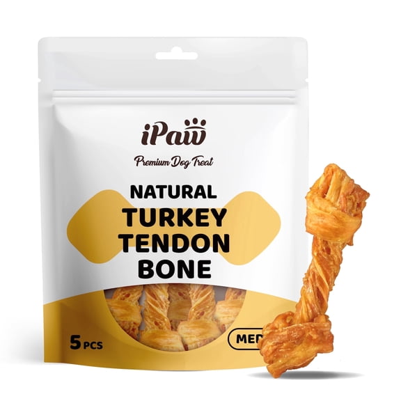 iPaw Turkey Tendon for Dogs, Hypoallergenic, All Natural Human Grade Puppy Chew, Dog Treats for Signature Series, Rawhide Alternative, 5 Units/Bag bone (Medium)