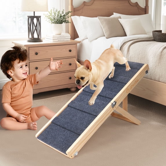 iPetba Foldable Dog Ramp for Bed & Sofa, Grey Dog Ramp for Small Dogs Compact Size Adjustable Height 21”, Up to 35 lbs