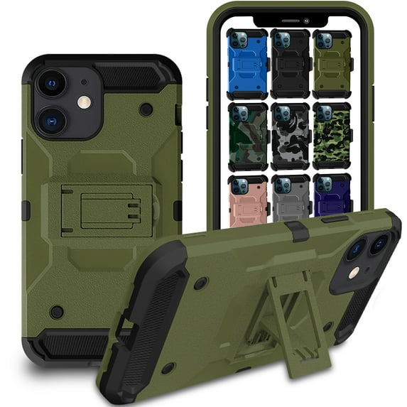 iPhone 11 6.1" 2019 A2111 A2223 A2221 Heavy Duty Military Print Belt Clip Rugged Cover - Green (with Holster)