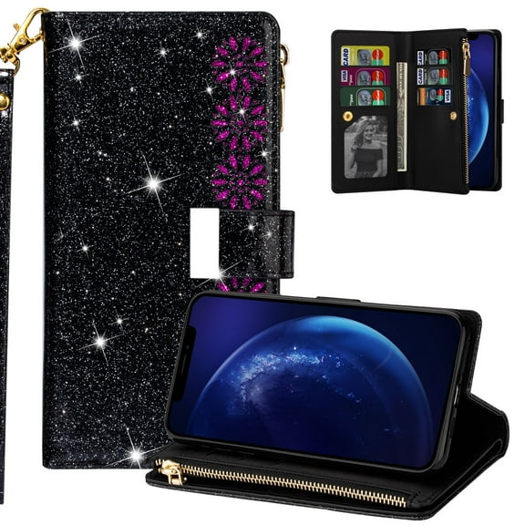 iPhone 11 6.1" Case, Allytech PU Leather Folio Flip Kickstand Wrist Strap Cards Slots Shockproof Mangetic Closure TPU Back Cover Wallet Case for Apple iPhone 6.1", Black