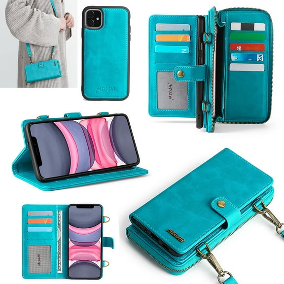 iPhone 11 6.1" Case,Allytech Premium PU Leather Kickstand Folio Detachable Adjustable Shoulder Strap Back TPU Cover Shockproof Full Protection Cards Slots Wallet Case for Apple iPhone 11,Blue