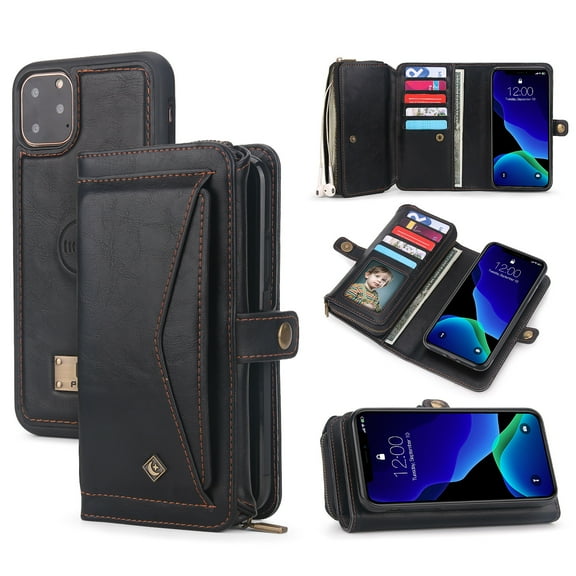 iPhone 11 6.1" Case, Allytech Vegan Leather Flip Stand Multi-Function Cards Holder Cash Pocket Purse Detachable Back Cover Magnetic Protection Shockproof Case Cover for Apple iPhone 11 6.1",Black