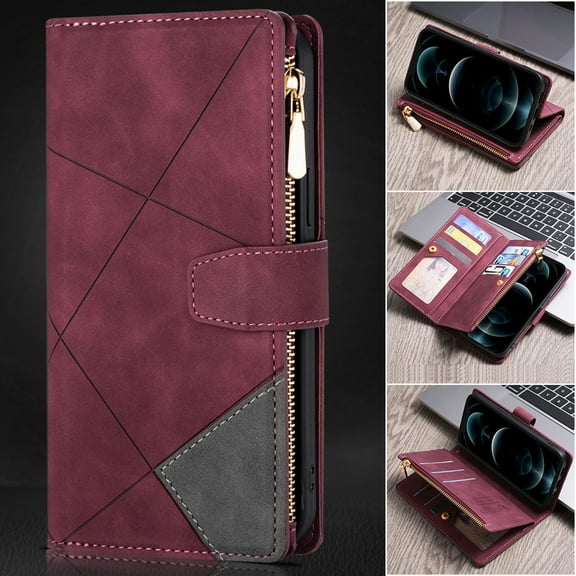 iPhone 11 6.1-inch Case,Dteck Shockproof Magnetic Leather Wallet Zipper 9 Cards Slot Pocket Case Hybrid Rubber Kickstand Cover with Strap for Apple iPhone 11 ,Winered