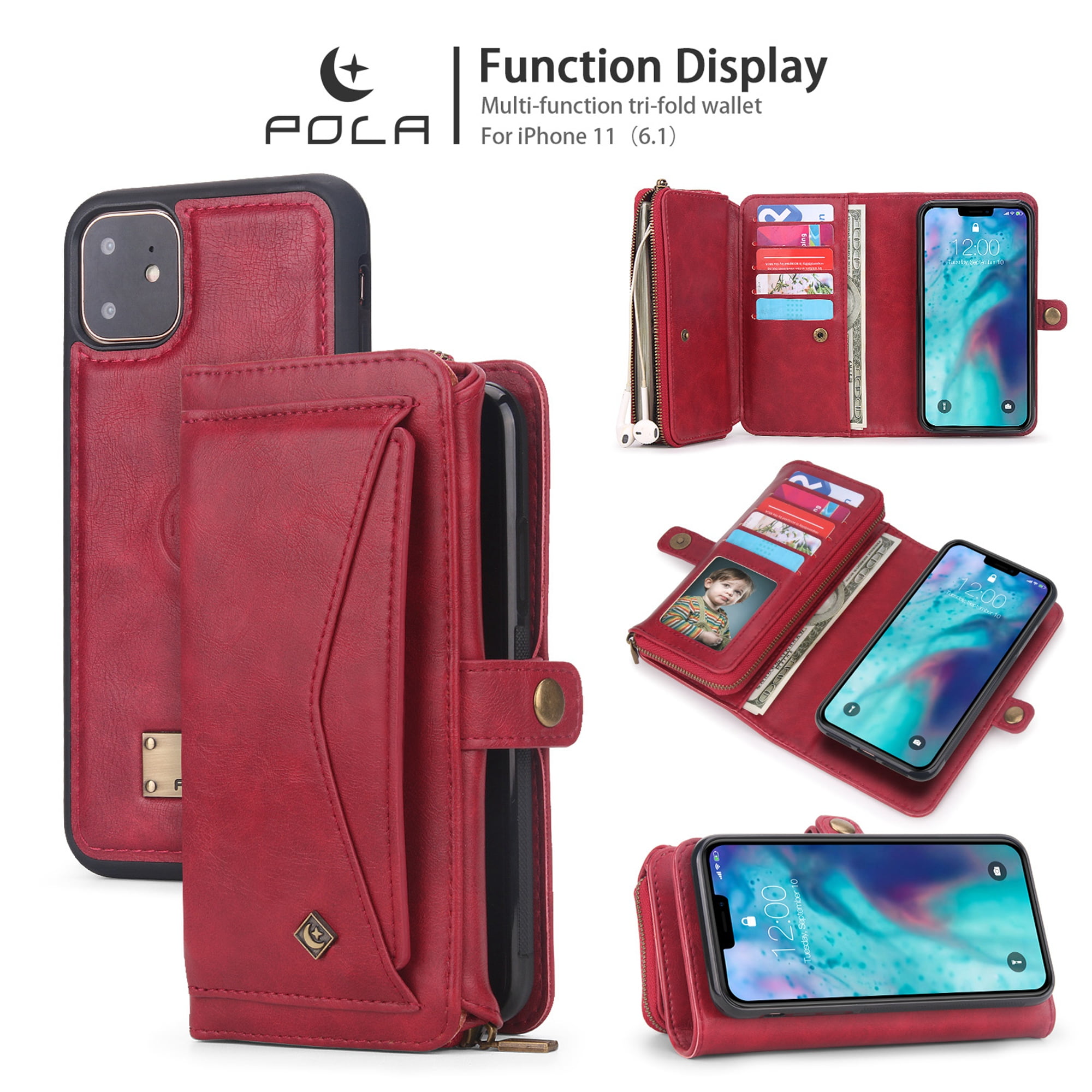 iPhone 11 6.1 inch Wallet Case Dteck 2 in 1 Leather Zipper Purse Multi Function Tri Fold Wallet Case Detachable Magnetic Phone Cover with 14 Card