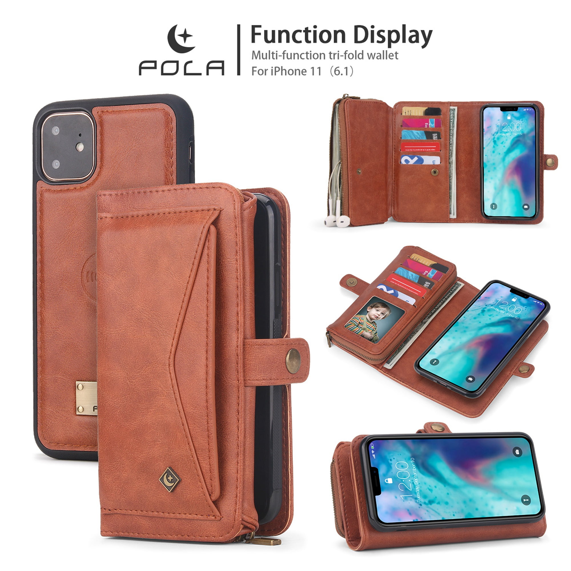iPhone 11 6.1 inch Wallet Case Dteck 2 in 1 Leather Zipper Purse Multi Function Tri Fold Wallet Case Detachable Magnetic Phone Cover with 14 Card