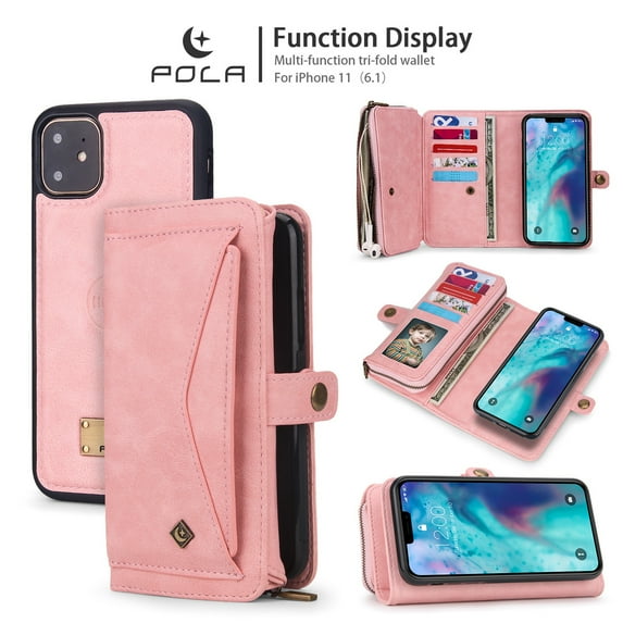iPhone 11 6.1 inch Wallet Case, Dteck 2 in 1 Leather Zipper Purse Multi-Function Tri-fold Wallet Case Detachable Magnetic Phone Cover with 14 Card Slots Money Pocket For Apple iPhone 11,Pink