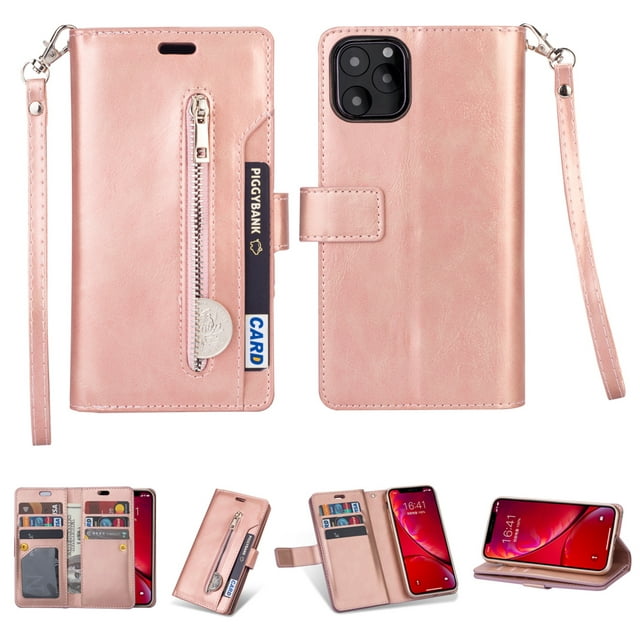 iPhone 11 6.1 inch Wallet Case, Dteck 9 Card Slots Premium Leather Zipper Purse case Flip Kickstand Folio Magnetic with Wrist Strap Credit Cash Cover For Apple iPhone 11, Rosegold