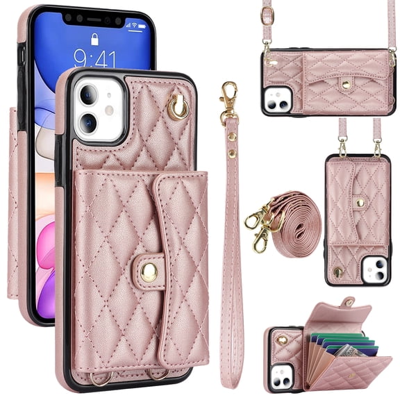 for iPhone 11 Back Case, Luxury Ultra Slim Shockproof PU Leather Card Slots Kickstand Magnetic Snap Shoulder Strap & Wristlet RFID Blocking Phone Cover for iPhone 11, Rosegold