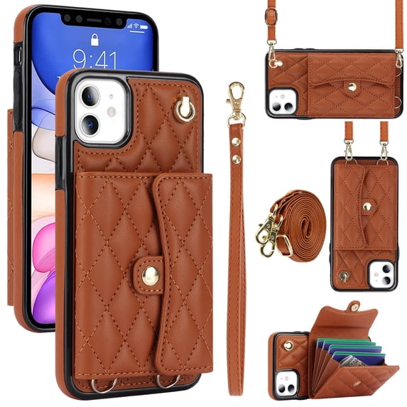 for iPhone 11 Back Case, Luxury Ultra Slim Shockproof PU Leather Card Slots Kickstand Magnetic Snap Shoulder Strap & Wristlet RFID Blocking Phone Cover for iPhone 11, Brown