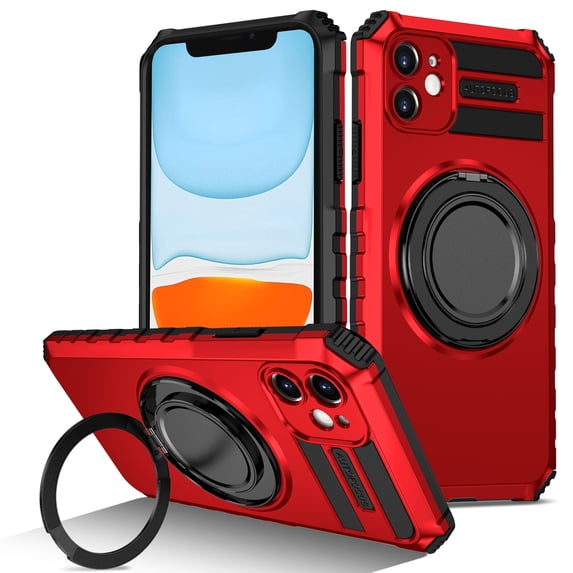 for iPhone 11 Back Case, Ultra Slim 360 Degree Rotating Ring Kickstand Support Car Magnetic Mount Drop Protective TPU+ PC Hybrid Phone Case Cover for iPhone 11, Red