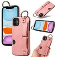 thumbnail image 1 of for iPhone 11 Back Case with Wristband Card Holder Drop Protective Cover with Stand PU Leather All-round Shockproof Finger Ring Snap Bracket Design for iPhone 11, Pink, 1 of 10