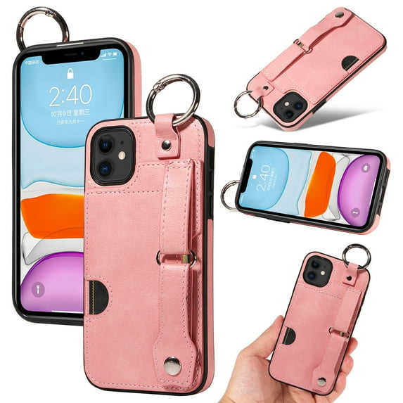 for iPhone 11 Back Case with Wristband Card Holder Drop Protective Cover with Stand PU Leather All-round Shockproof Finger Ring Snap Bracket Design for iPhone 11, Pink