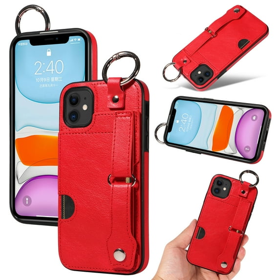 for iPhone 11 Back Case with Wristband Card Holder Drop Protective Cover with Stand PU Leather All-round Shockproof Finger Ring Snap Bracket Design for iPhone 11, Red