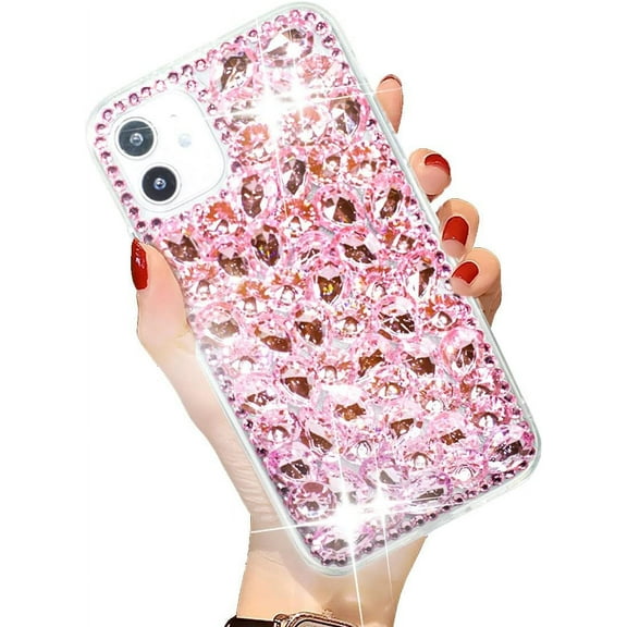 iPhone 11 Bling Glitter Case,Luxury Shiny Diamond Crystal Rhinestone Sparkly Jewelled Gemstone 3D Handmade Clear Cover Case for iPhone 11 6.1'' (Pink)