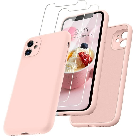 for iPhone 11 Case with 2 Pack Screen Protector,Liquid Silicone Soft Gel Rubber Slim Cover with Microfiber Cloth Lining Cushion Shockproof Phone Case for iPhone 11 6.1", Pink Sand