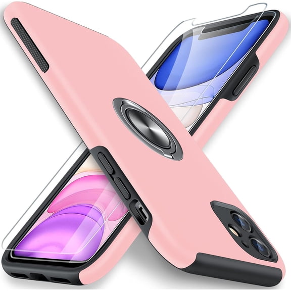 for iPhone 11 Case with [2 Pack] Tempered-Glass Screen Protector, Slim Soft Bumper Case for iPhone 11 Case, with Invisible Ring Holder Kickstand for iPhone 11 Case,Pink