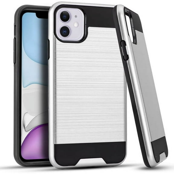 iPhone 11 Case, 2-Piece Style Hybrid Shockproof Hard Case Cover with [Tempered Glass Screen Protector] Hybird Shockproof And Circlemalls Stylus Pen-Silver