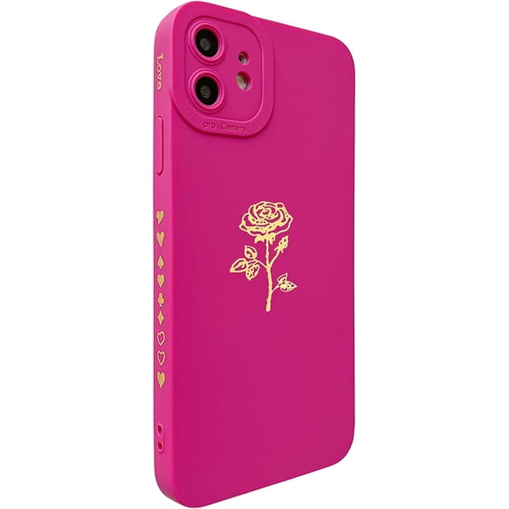 for iPhone 11 Case(2019 6.1"), Cute Plated Rose Gold Flower with Anti-Fall Lens Cameras Cover Shell, Soft TPU Shockproof Anti-Fingerprint Phone Protection Cases for Women Girls Men,Rose Red