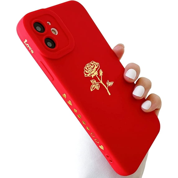 for iPhone 11 Case (2019 6.1"),Cute Plated Rose Gold Flower with Anti-Fall Lens Cameras Cover Shell, Soft TPU Shockproof Anti-Fingerprint Phone Protection Cases for Women Girls Men,Bright Red