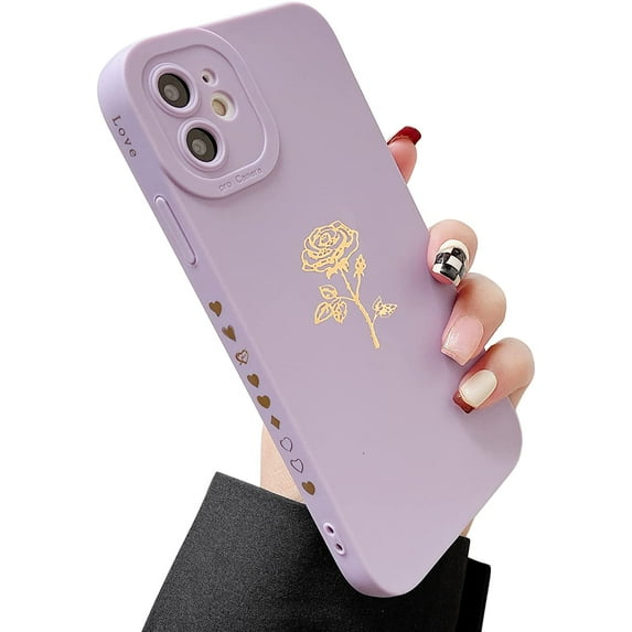 for iPhone 11 Case(2019 6.1"), Cute Plated Rose Gold Flower with Anti-Fall Lens Cameras Cover Shell, Soft TPU Shockproof Anti-Fingerprint Phone Protection Cases for Women Girls Men,Purple