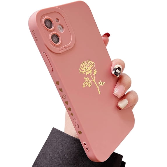 for iPhone 11 Case(2019 6.1"), Cute Plated Rose Gold Flower with Anti-Fall Lens Cameras Cover Shell, Soft TPU Shockproof Anti-Fingerprint Phone Protection Cases for Women Girls Men,Pink