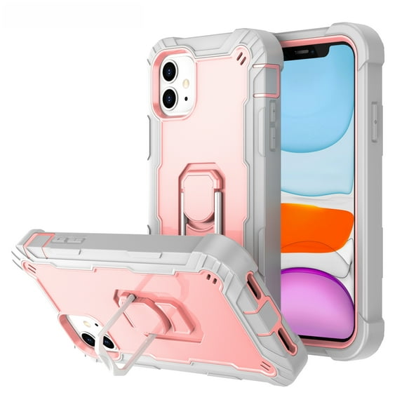 For iPhone 11 Case 6.1", Allytech Full-Body Protection 3 in 1 Hybrid Shockproof Rugged Heavy Duty Drop Protection Ring Holder Stand Case for iPhone 11 6.1 inch 2019, Gray + Rosegold