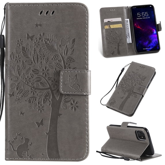 iPhone 11 Case 6.1" Case, Allytech Slim Shell PU Leather Folio Kickstand Wallet Case with Cards Holder Pocket Lanyard Anti-Scratch Shockproof Bumper Cover Case for Apple iPhone 11 6.1",Gray