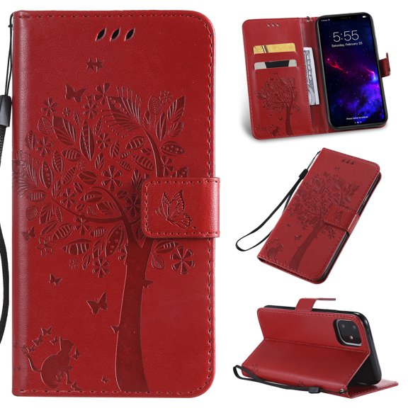 iPhone 11 Case 6.1" Case, Allytech Slim Shell PU Leather Folio Kickstand Wallet Case with Cards Holder Pocket Lanyard Anti-Scratch Shockproof Bumper Cover Case for Apple iPhone 11 6.1",Red