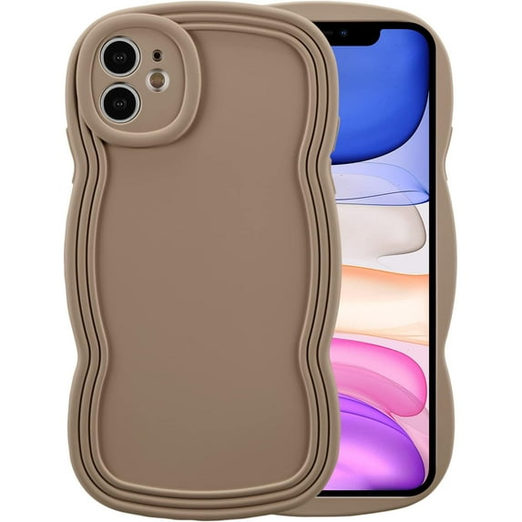 for iPhone 11 Case 6.1 Inch Curly Wave Frame Phone Case Cute Design Color Aesthetic Phone Case Soft TPU Shockproof Protective Bumper Case Cover for Girls, Khaki