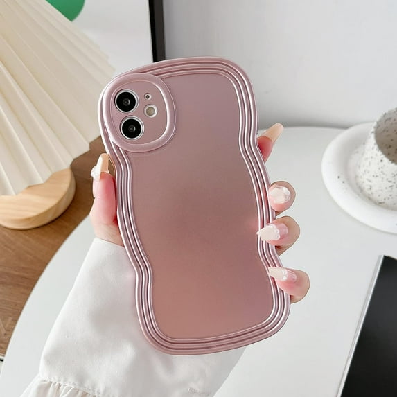 for iPhone 11 Case 6.1 Inch Cute Curly Wave Frame Phone Case Aesthetic Phone Case for Girls Women Soft TPU Bumper Shockproof Glossy Plated Case, Electroplated Pink