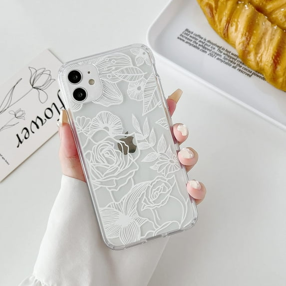 for iPhone 11 Case 6.1 Inch Floral Rose Phone Case Cute Aesthetic Phone Case for Women Girls Clear Back Cover Pattern Slim Anti-Yellow Shockproof TPU Bumper Case, White