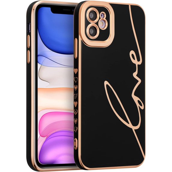 for iPhone 11 Case 6.1 inches Luxury Plating Case Cover,Cute Love Heart Phone Case,Slim Soft TPU Shockproof Bumper Case with Full Camera Protection,Electroplated Case for Women Girls,Black