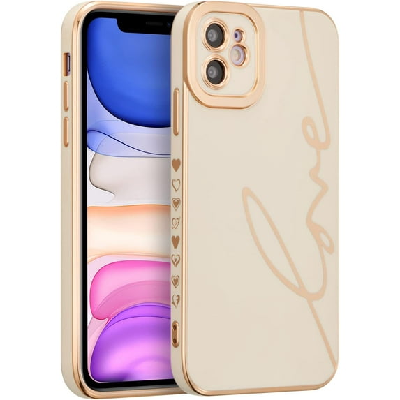 for iPhone 11 Case 6.1 inches Luxury Plating Case Cover,Cute Love Heart Phone Case,Slim Soft TPU Shockproof Bumper Case with Full Camera Protection,Electroplated Case for Women Girls,White