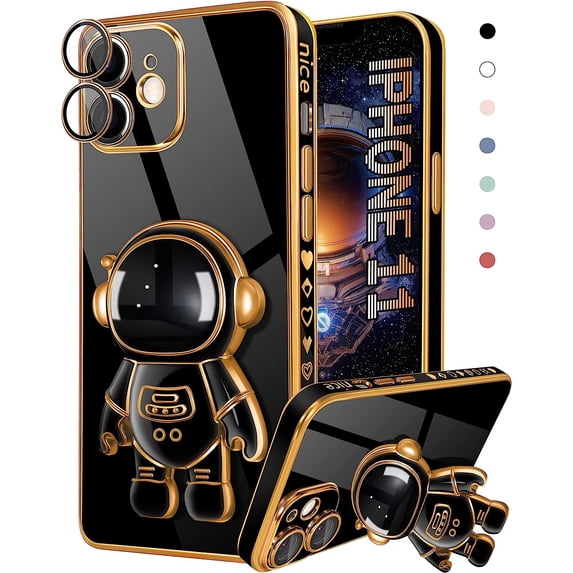 for iPhone 11 Case Astronaut Cute Girls Women Girly Unique Black Phone Cases with Hidden Stand Kickstand 6D Design with Camera Lens Protector Cover for iPhone 11 6.1''