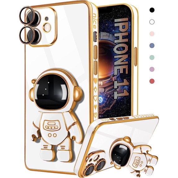 for iPhone 11 Case Astronaut Cute Girls Women Girly Unique White Phone Cases with Hidden Stand Kickstand 6D Design with Camera Lens Protector Cover for iPhone 11 6.1''