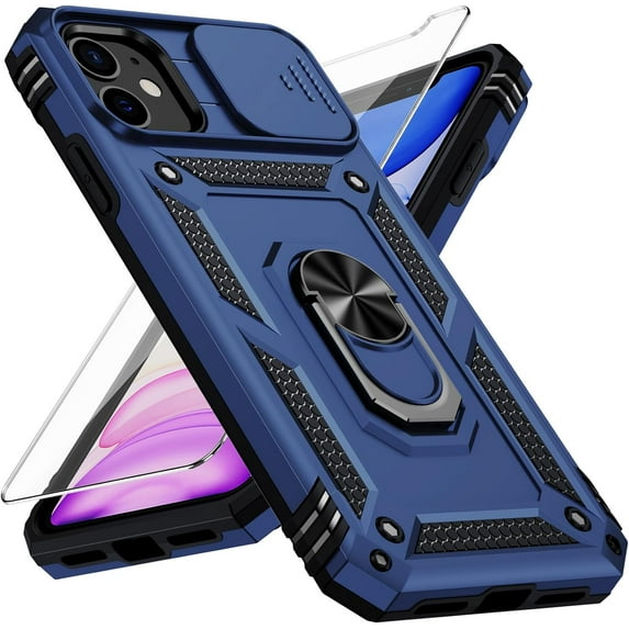 for iPhone 11 Case with Camera Lens Cover, HD Screen Protector, 10 FT Military Grade Drop Protection, Magnetic Ring Holder Kickstand Protective Phone Case for iPhone 11, Navy Blue