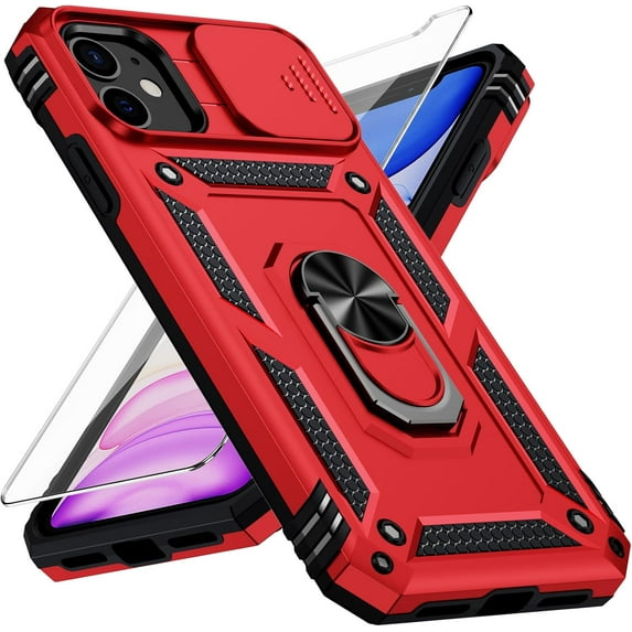 for iPhone 11 Case with Camera Lens Cover, HD Screen Protector, 10 FT Military Grade Drop Protection, Magnetic Ring Holder Kickstand Protective Phone Case for iPhone 11, Red