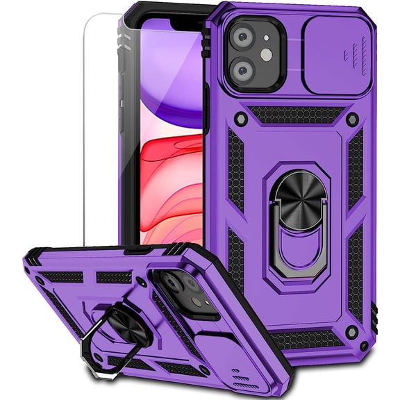 for iPhone 11 Case with Camera Lens Cover HD Screen Protector, Dual Layer [15 FT  Grade Drop Protection]  Ring Holder Kickstand Protective Phone Case for iPhone 11 6.1 inch (Purple)