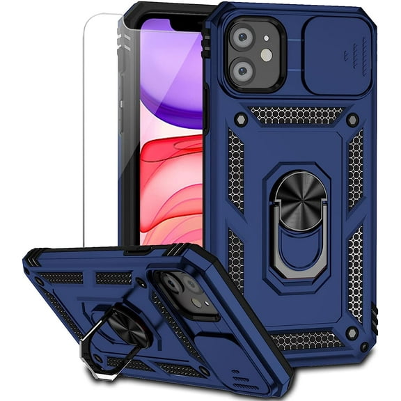 for iPhone 11 Case with Camera Lens Cover HD Screen Protector, Dual Layer [15 FT Military Grade Drop Protection] Magnetic Ring Holder Kickstand Protective Phone Case for iPhone 11 6.1 inch (Navy Blue)