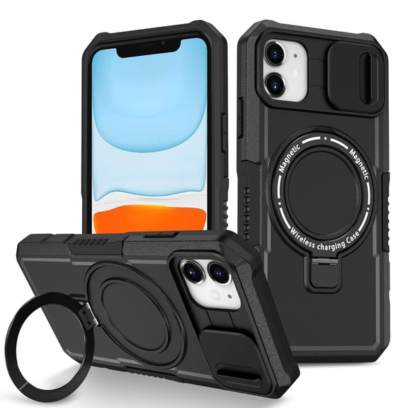 for iPhone 11 Case with Camera Sliding Cover, [Compatible with MagSafe] with Magnetic Ring Kickstand, Military Grade Heavy Duty Protection Phone Case for iPhone 11, Black