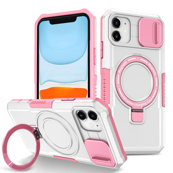 for iPhone 11 Case with Camera Sliding Cover, [Compatible with MagSafe] with Magnetic Ring Kickstand, Military Grade Heavy Duty Protection Phone Case for iPhone 11, Pink + White