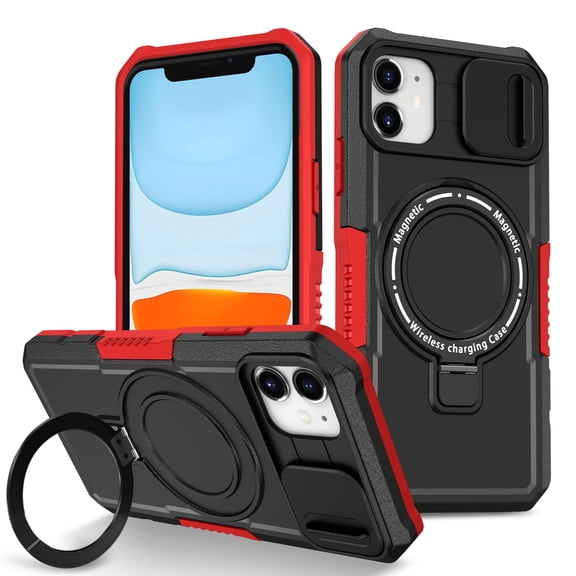 for iPhone 11 Case with Camera Sliding Cover, [Compatible with MagSafe] with Magnetic Ring Kickstand, Military Grade Heavy Duty Protection Phone Case for iPhone 11, Red + Black