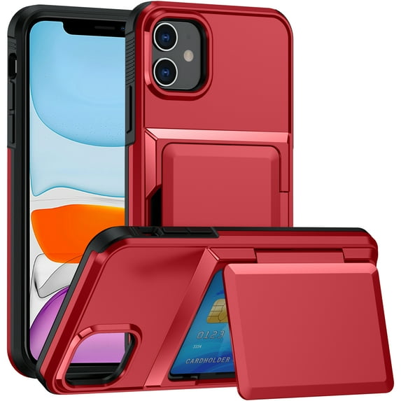 For iPhone 11 Case with Card Holder Heavy Duty Protective Kickstand Dual Layer Shockproof Hidden Card Slot Slim Wallet Military Protection Rugged Case for iPhone 11,Red