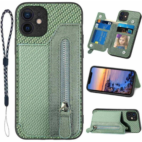 for iPhone 11 Case with Card Holder Wallet Zipper,Camera Lens Protector,Double Magnetic Clasp,Leather Kickstand Card Slots Protective Flip Cover Phone Case for iPhone 11 (Green)